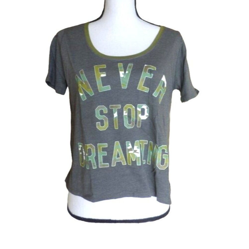 $24.00 Doe Junior’s Cropped Top, “Never Stop Dreaming”, Charcoal Heather XL